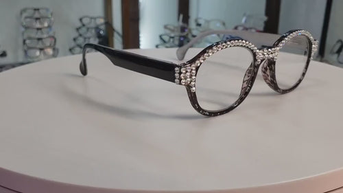 The Alchemist, (Bling) Round Women Reading Glasses W (Full TOP) (Clear) Genuine European Crystals  (Hound tooth, Black) NY Fifth Avenue