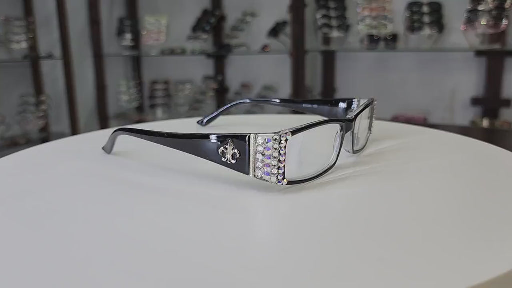 The French, (Bling) (Fleur De Lis) Reading Glasses For Women W (Clear, AB Aurora Borealis) Fancy Genuine European Crystals  (Black)  NY Fifth Avenue