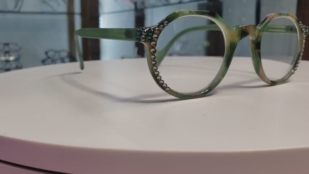 The Hexagon, (Bling) Women Reading Glasses W (Black Diamond, Olivine) Genuine European Crystals ,  (Green, Tortoise Shell) NY Fifth Avenue