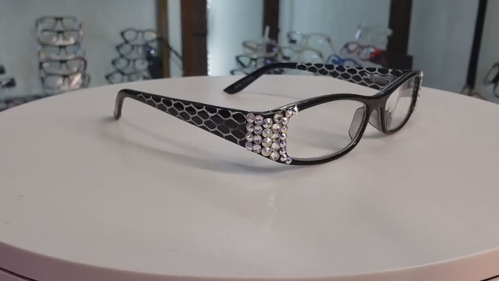 Lyon, (Bling) Reading Glasses with (Clear, Hematite) Genuine European Crystals(Hounds Tooth Check) Rectangular (Black) NY Fifth Avenue