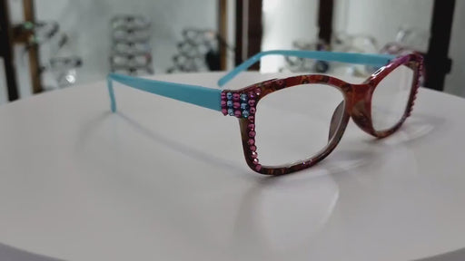 Frida, (Bling) Reading Glasses Women Adorned W (Rose, Aquamarine) Genuine European Crystals.+1.25 to +4  Paisley print. NY Fifth Avenue.