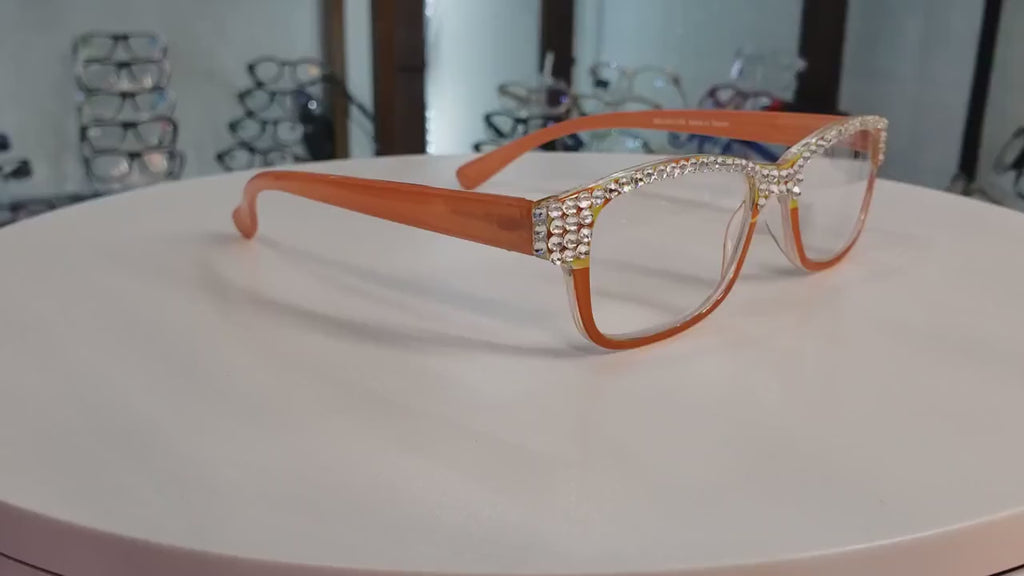 Olivia, (Bling) Women Reading Glasses Adorned with (Full Top) (Clear) Genuine European Crystals.  (Orange) Square, NY fifth avenue.