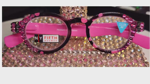 Dotty Chic, Bling Round Reading Glasses for Women  Pink frames with polka-dot pattern Genuine European Crystals +1.25 +3  NY Fifth Avenue