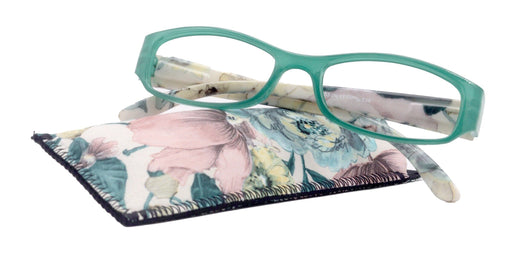 Rosie Premium Reading Glasses, Fashion Reader (Flower Turquoise / Green) Print, Oval Shape +4 High Magnification, NY Fifth Avenue