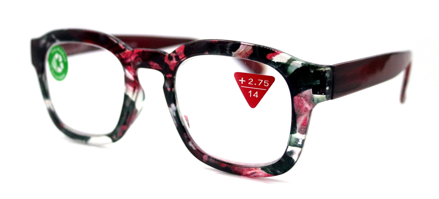 Sasha, (Premium) Reading Glasses, High End Readers +1.25..+3 Magnifying Eyeglasses (Black n Red) Camo Square Optical Frames NY Fifth Avenue