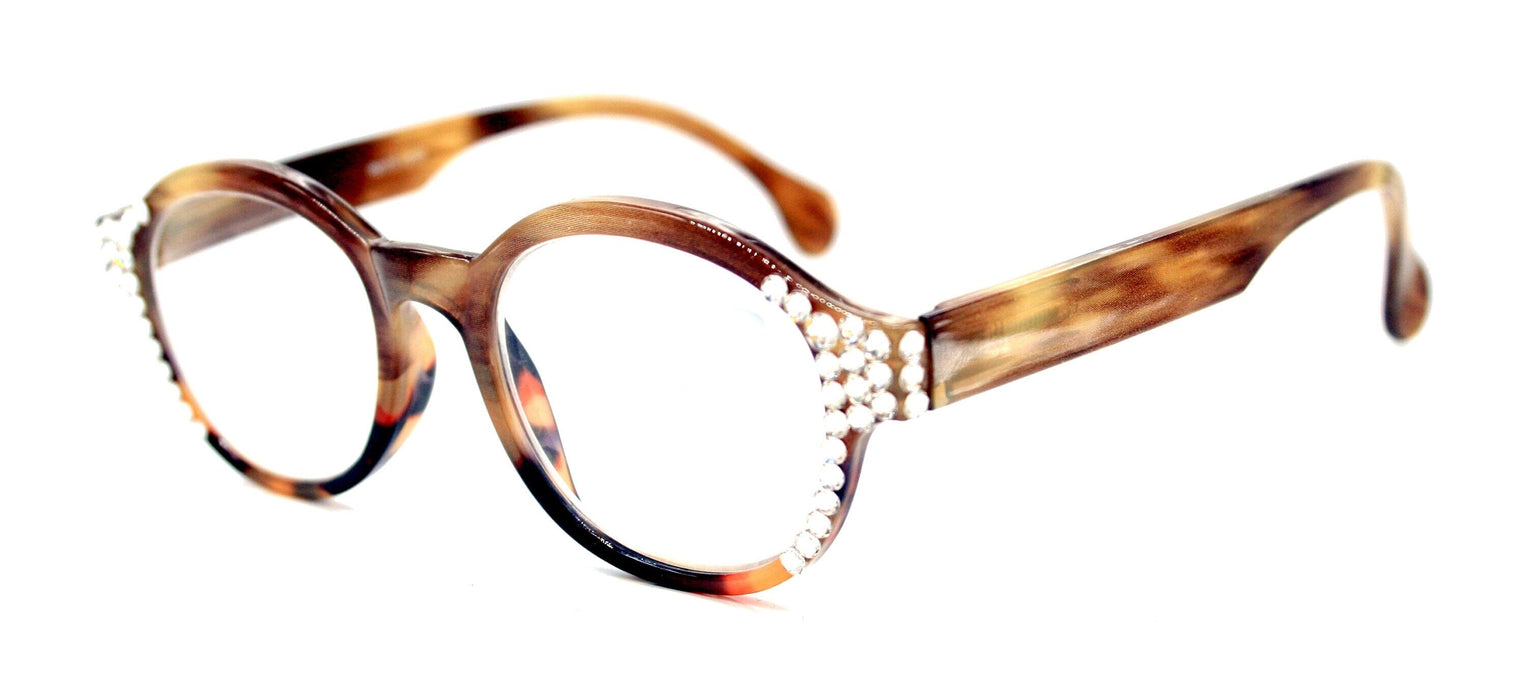 The Alchemist, (Bling) Round Women Reading Glasses W (Clear) Genuine European Crystals +1.50..+3 (Marble Brown) Circle. NY Fifth Avenue