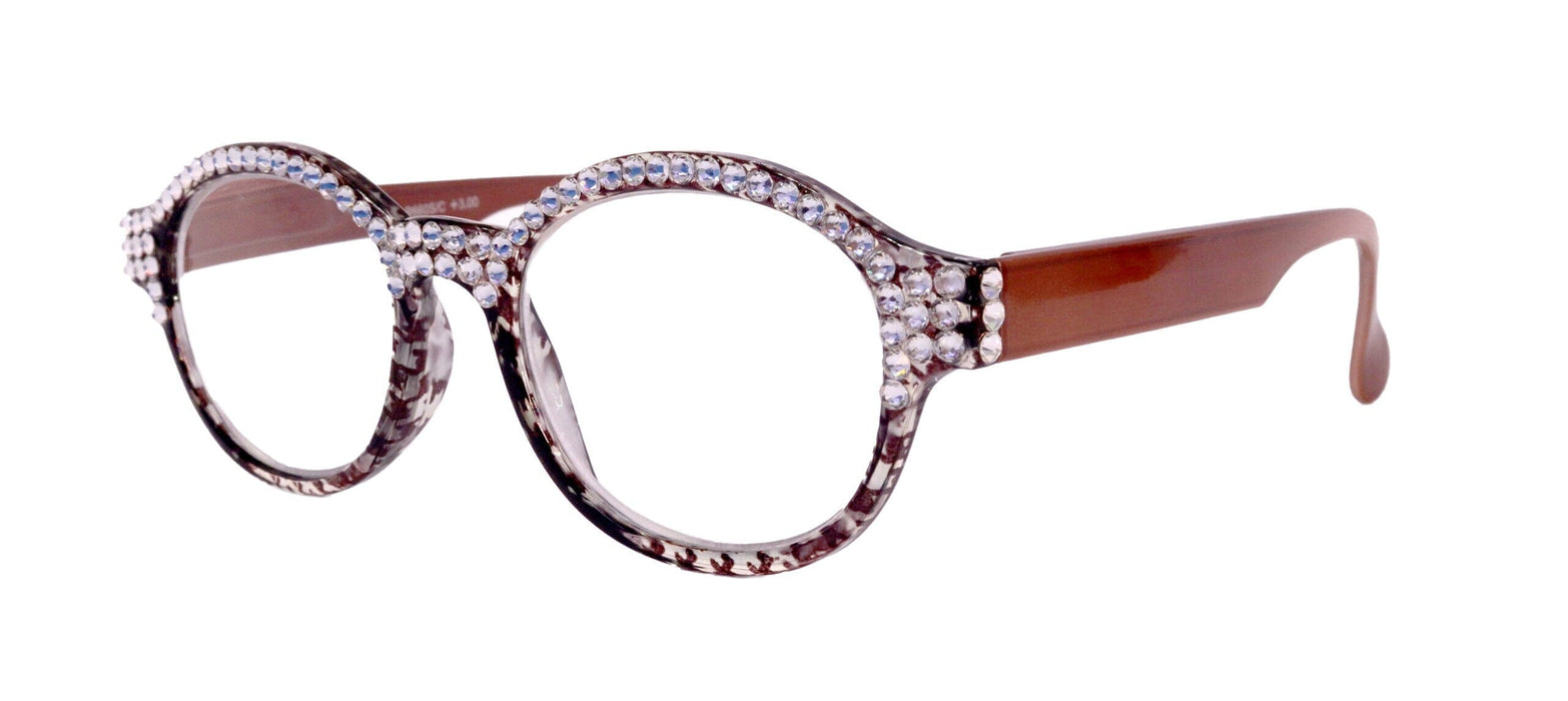 The Alchemist, (Bling) Round Women Reading Glasses W (Full TOP) (Clear) Genuine European Crystals (Hound tooth, Brown) NY Fifth Avenue