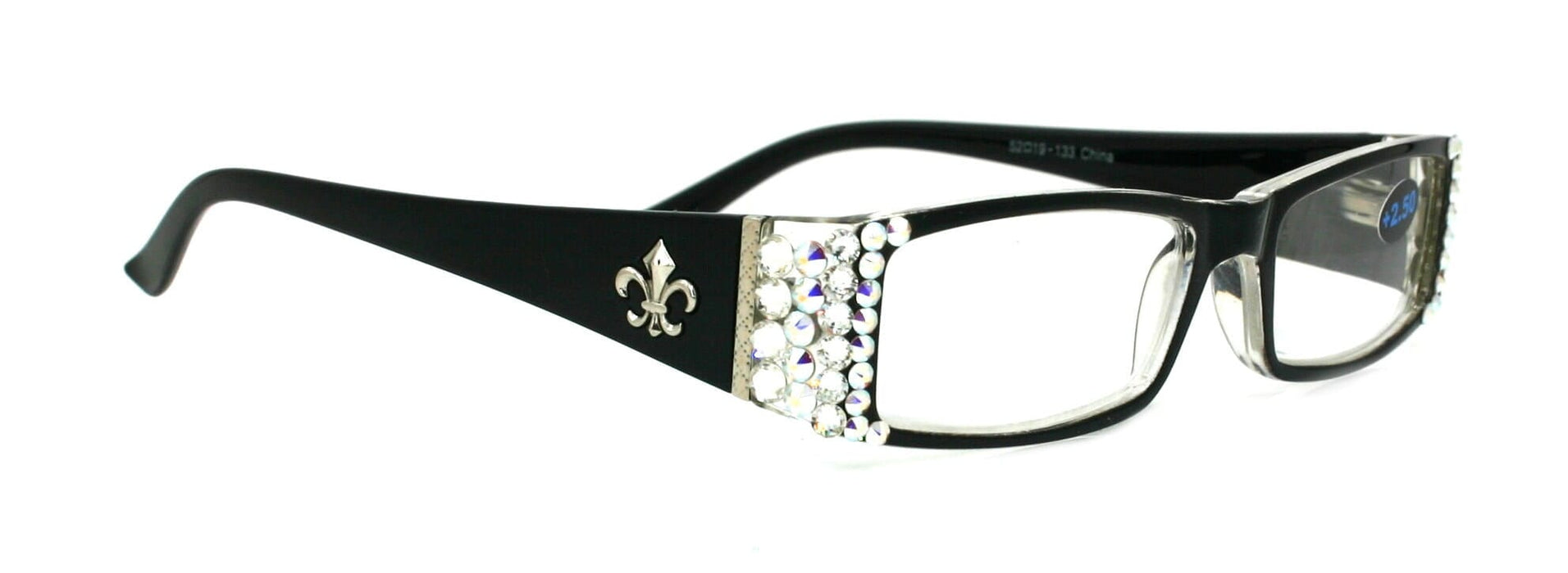 The French Women Reading Glasses with Rhinestone, Fleur de lis, Black, rectangular