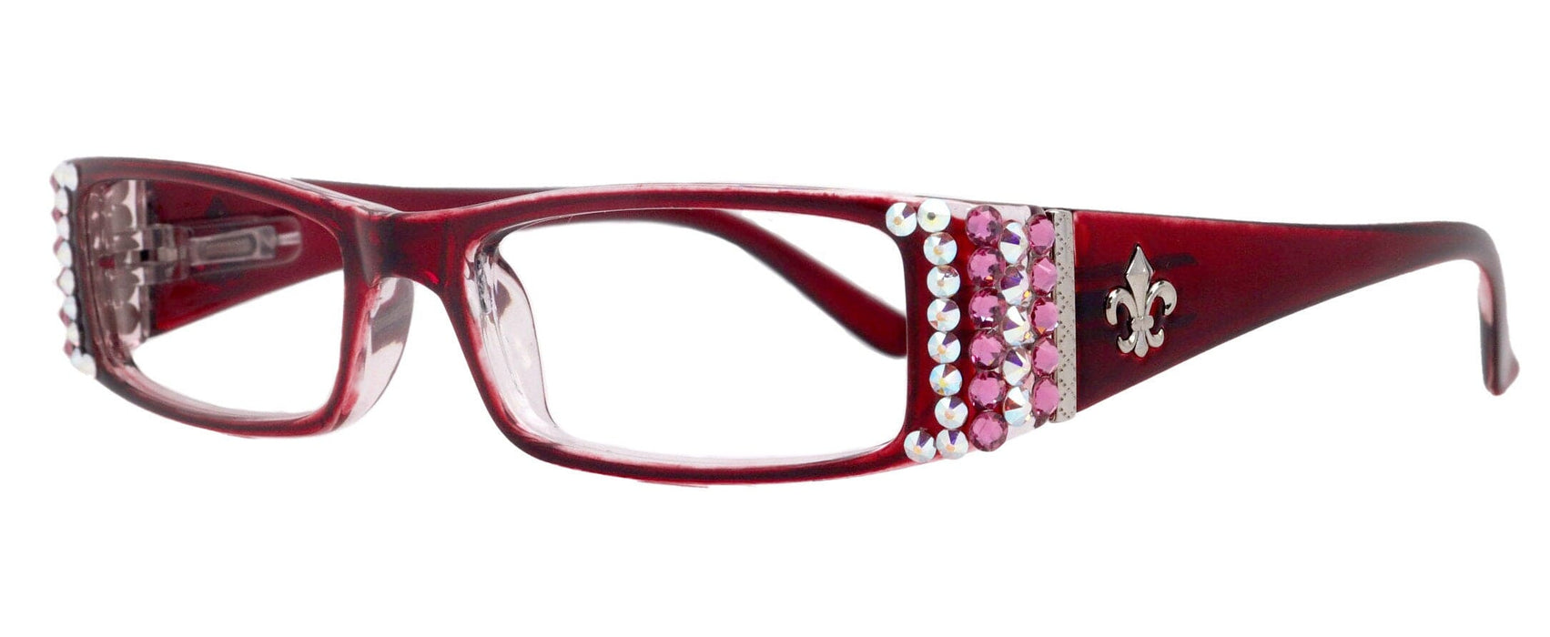 The French, (Bling) (Fleur De Lis) Women Reading Glasses W Genuine European AB n Rose Crystals +1 .. +3 (Red) Frame, NY Fifth Avenue