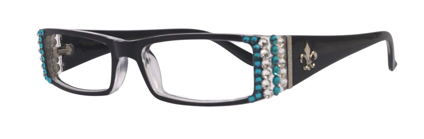 The French, (Bling) (Fleur De Lis) Women Reading Glasses W Genuine European Crystals (Turquoise, Clear) (Black) Frame, NY Fifth Avenue