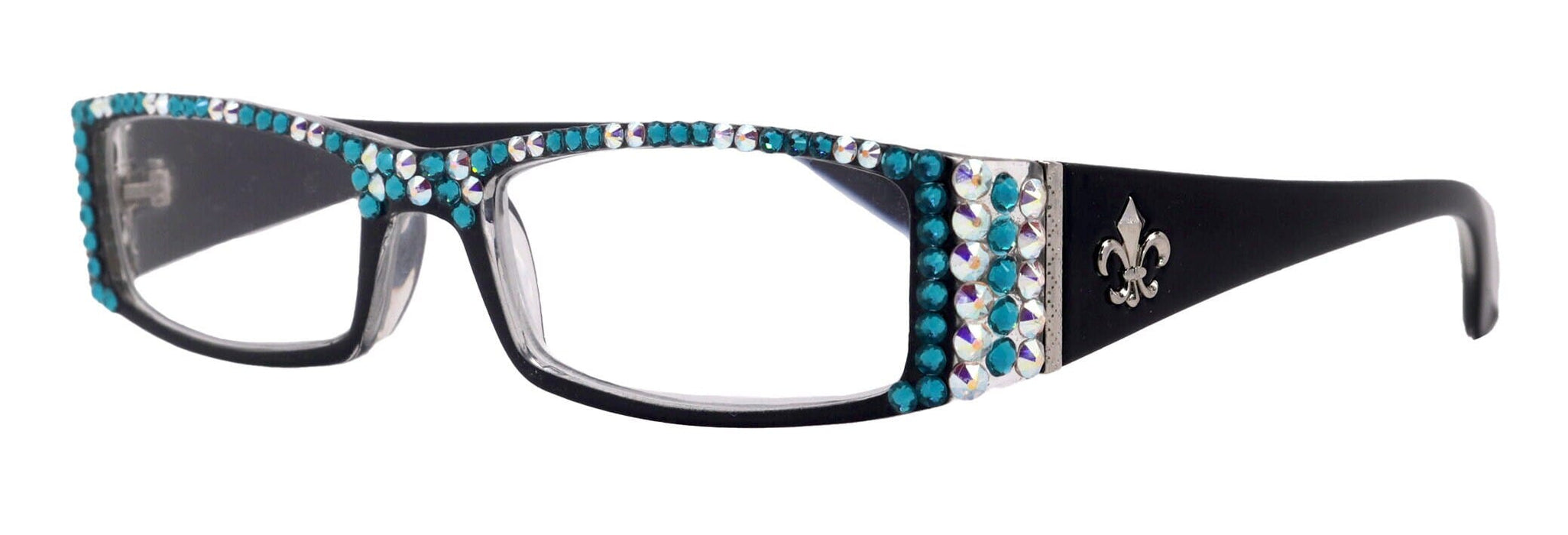 The French ( Full Bling) (Fleur De Lis) Women Reading Glasses W (AB Aurora Borealis N Turquoise) Genuine European Crystals , NY Fifth Avenue