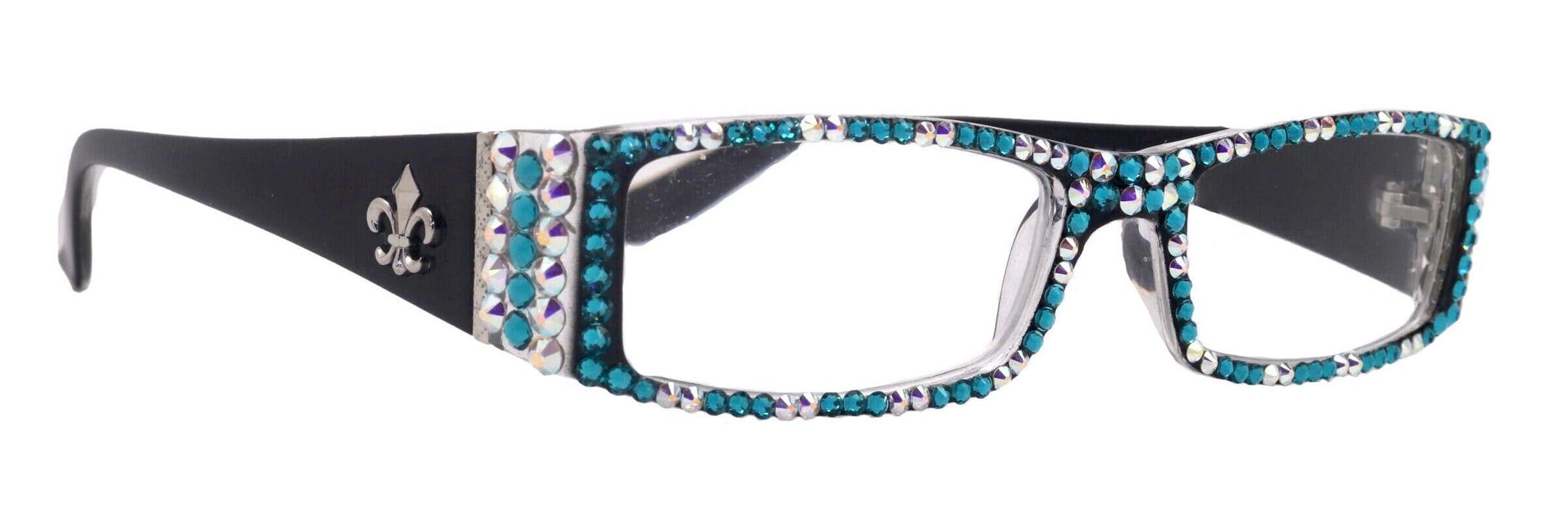 The French ( Full Bling) (Fleur De Lis) Women Reading Glasses W (AB Aurora Borealis N Turquoise) Genuine European Crystals , NY Fifth Avenue