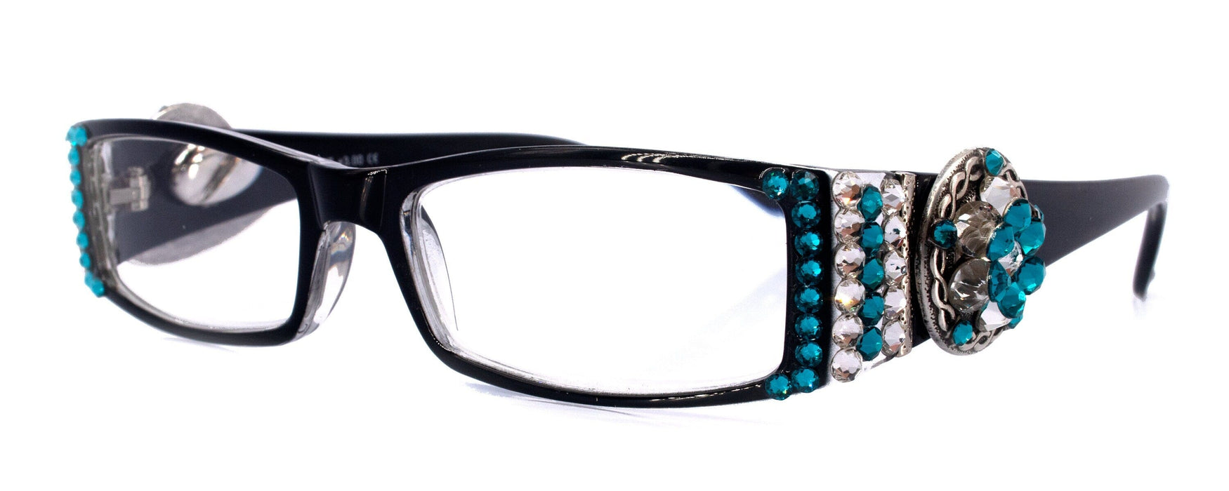 The Medallion, (Bling) Women Reading Glasses W (Blue Zircon, Clear) Genuine European Crystals Barbed wire Western Concho NY Fifth Avenue