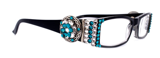 The Medallion, (Bling) Women Reading Glasses W (Blue Zircon, Clear) Genuine European Crystals Barbed wire Western Concho NY Fifth Avenue