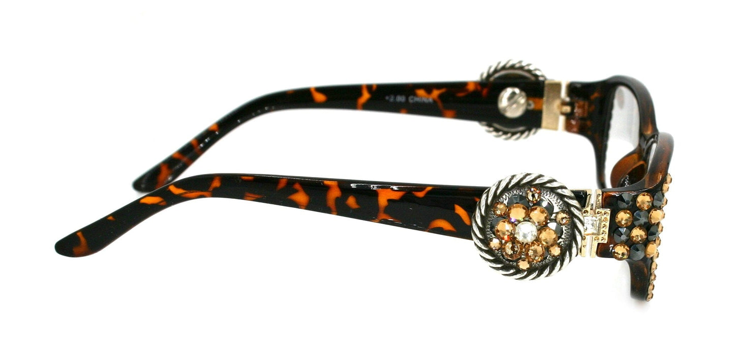 The Medallion, (Bling) Women Reading Glasses W (Hematite, L. Colorado) Genuine European Crystals (Tortoise Brown) Concho. NY Fifth Avenue.