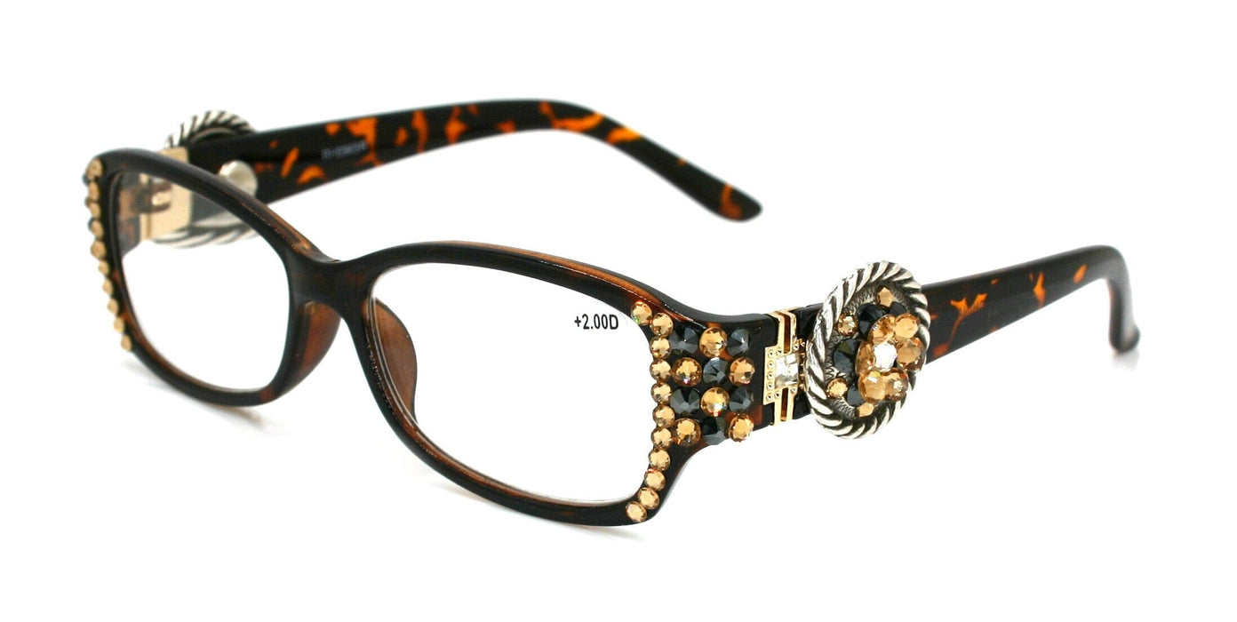 The Medallion, (Bling) Women Reading Glasses W (Hematite, L. Colorado) Genuine European Crystals (Tortoise Brown) Concho. NY Fifth Avenue.