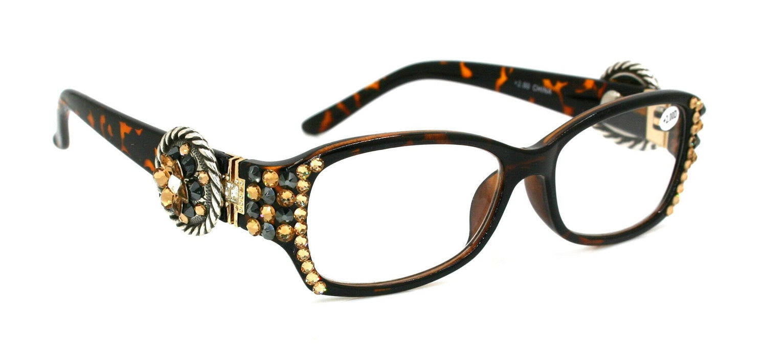 The Medallion, (Bling) Women Reading Glasses W (Hematite, L. Colorado) Genuine European Crystals (Tortoise Brown) Concho. NY Fifth Avenue.