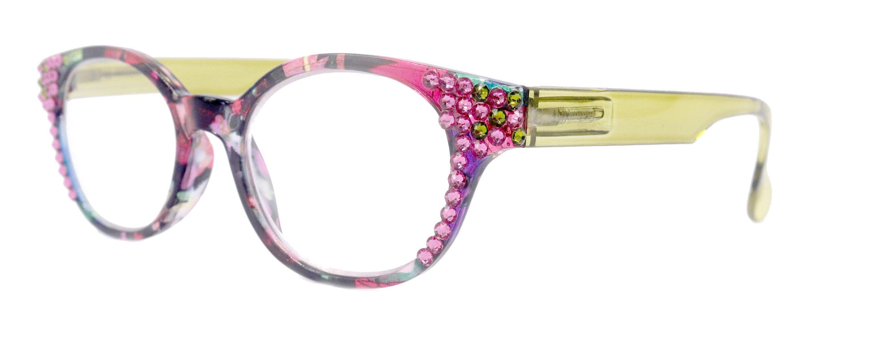 Versailles, (Bling) Reading Glasses 4 women W (Rose, Olivine) Genuine European Crystals (Pink, Green, Clear) Round Frame. NY Fifth Avenue