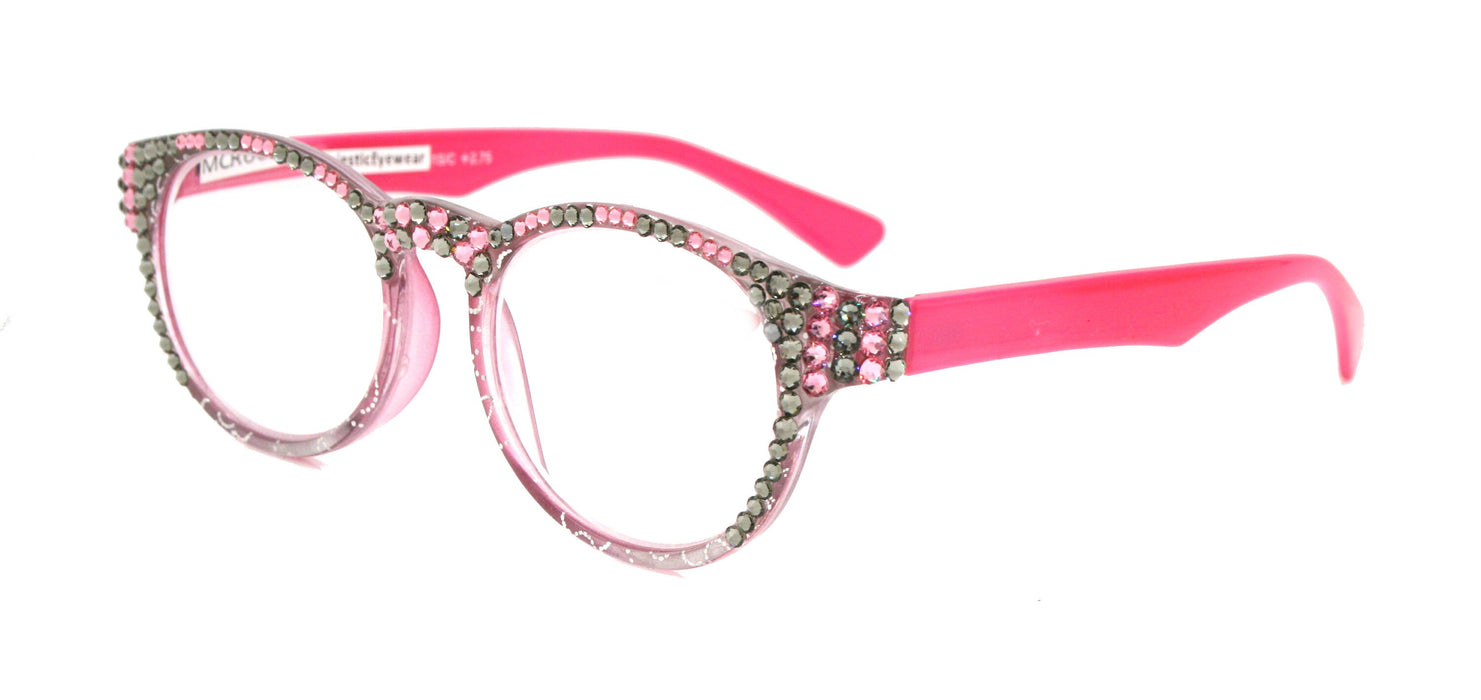Grace, (Bling) Reading Glasses 4 Women W (Rose, Black Diamond) Genuine European Crystals (Metallic Silver, Pink) Round NY Fifth Avenue