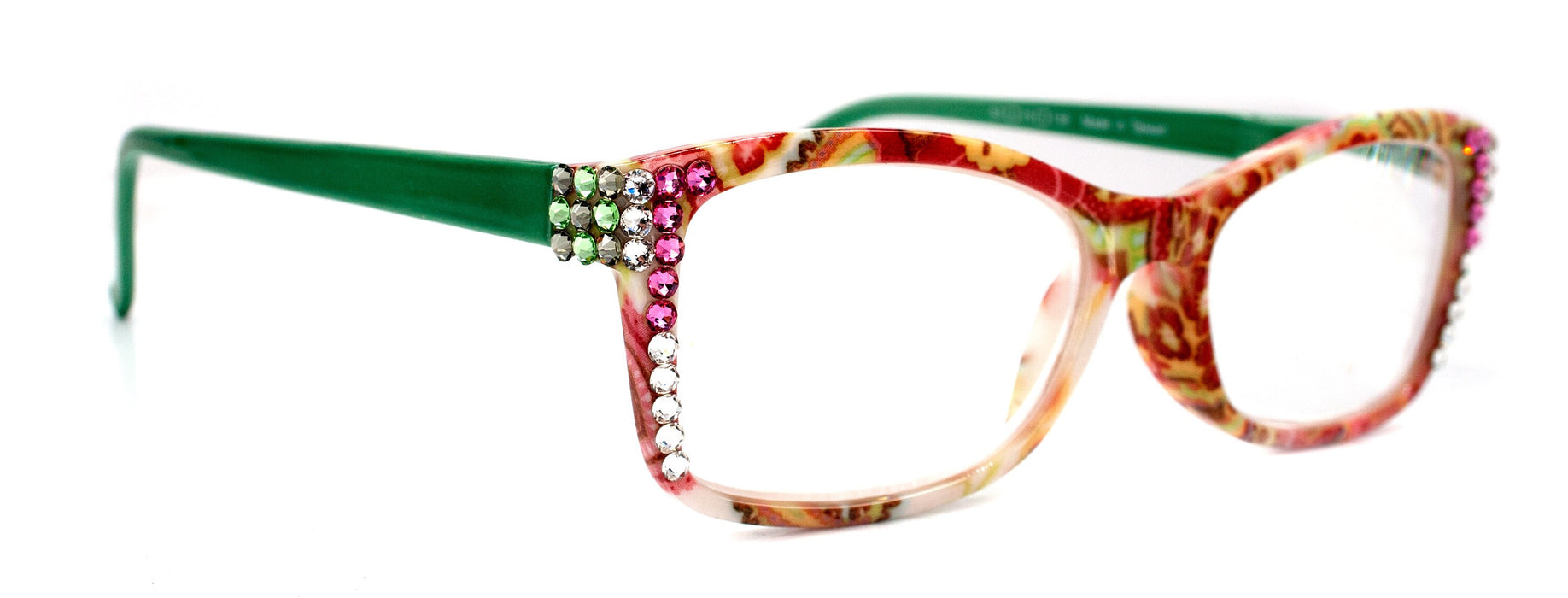 Frida, (Bling) Reading Glasses Women W (Clear, Peridot Green, Rose) Genuine European Crystals. Square Paisley, NY Fifth Avenue.