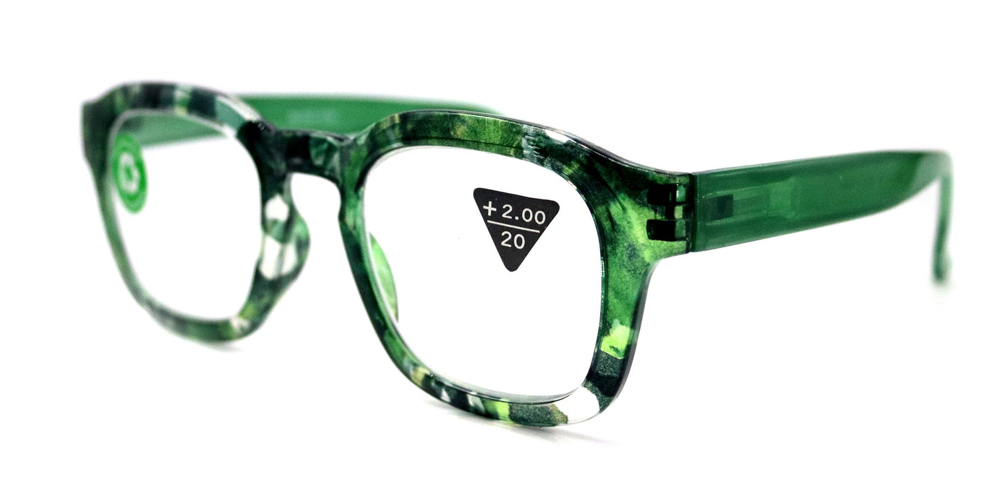 Sasha, (Premium) Reading Glasses, High End Readers +1.25..+3 Magnifying Eyeglasses (Black n Green) Camo Square Optical Frames NY Fifth Avenue