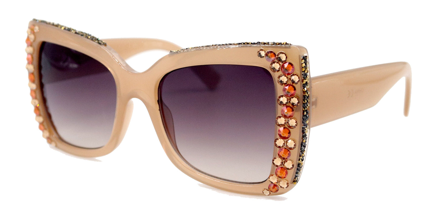 The Monarch, (Bling) Women Sunglasses W (Cooper, Light Colorado) Genuine European Crystals (Tan) Large Cat Eye NY Fifth Avenue