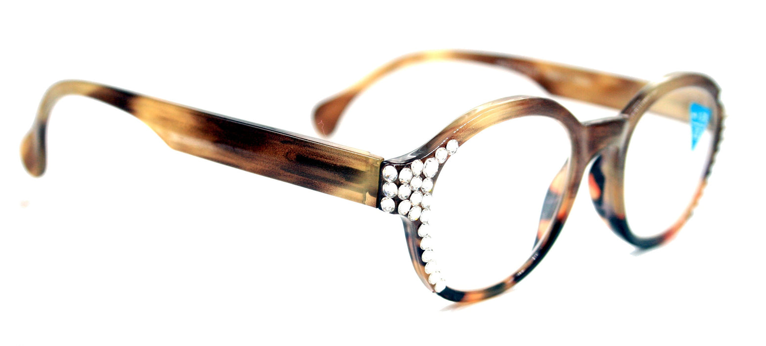 The Alchemist, (Bling) Round Women Reading Glasses W (Clear) Genuine European Crystals +1.50..+3 (Marble Brown) Circle. NY Fifth Avenue