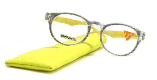 Grace, (Premium) Reading Glasses High End Readers +1.25 ..+3 Magnifying Glasses, Round Frame. (Metallic Silver, Yellow) NY Fifth Avenue.