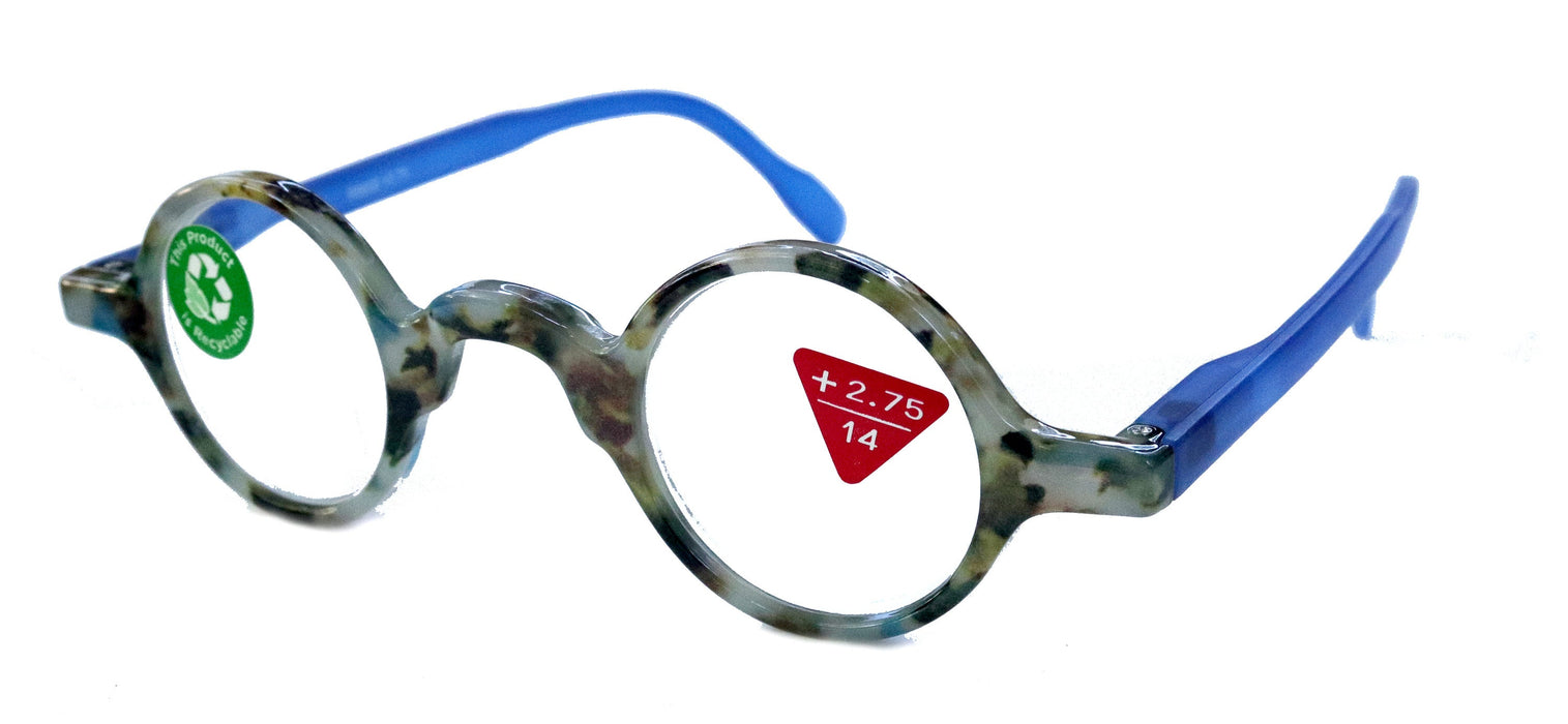Picasso, (Premium) Reading Glasses, High End Readers +1.25 to +3 magnifying, Circle optical Frames. Round Tortoise (Blue) NY Fifth Avenue.