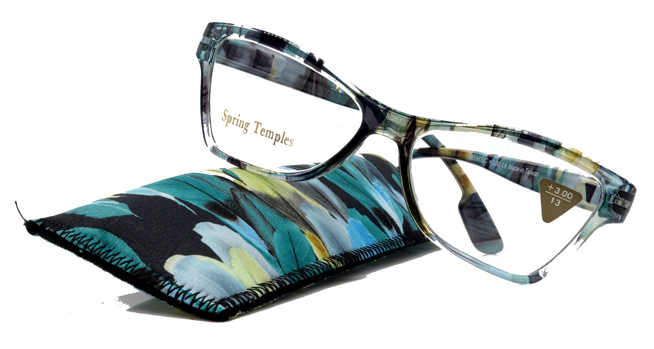 Avian, (Premium) Reading Glass High End Reader +1 to +6 Magnifying Eyeglass, Cat Eye (Aqua Blue, Green) Feather Pattern. NY Fifth Avenue