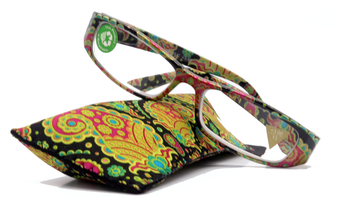 Florence, (Premium) Reading Glasses, High End Readers +1.25 to +3 Magnifying. (Paisley, Green) optical, Rectangular Frame. NY Fifth Avenue.