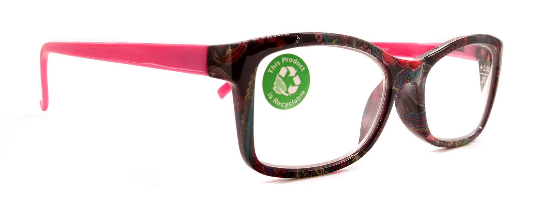 Frida, (Premium) Reading Glasses, High End Readers +1.25 .. +3 Magnifying Eyeglasses, Square Optical Frame. (Pink) Paisley. NY Fifth Avenue