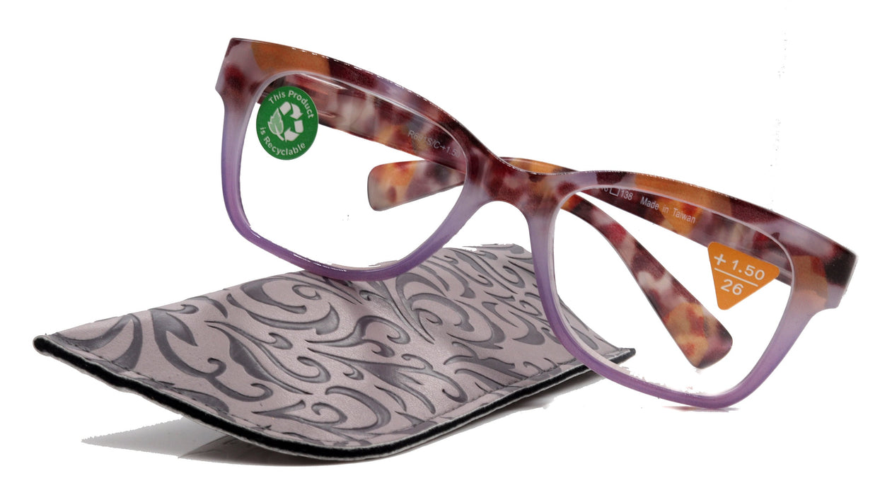 Aya, (Premium) Reading Glasses, High End Fashion Reader,+1.25 to +4 Magnifiers, (Purple n Brown Tortoise) Square Frame. NY Fifth Avenue.