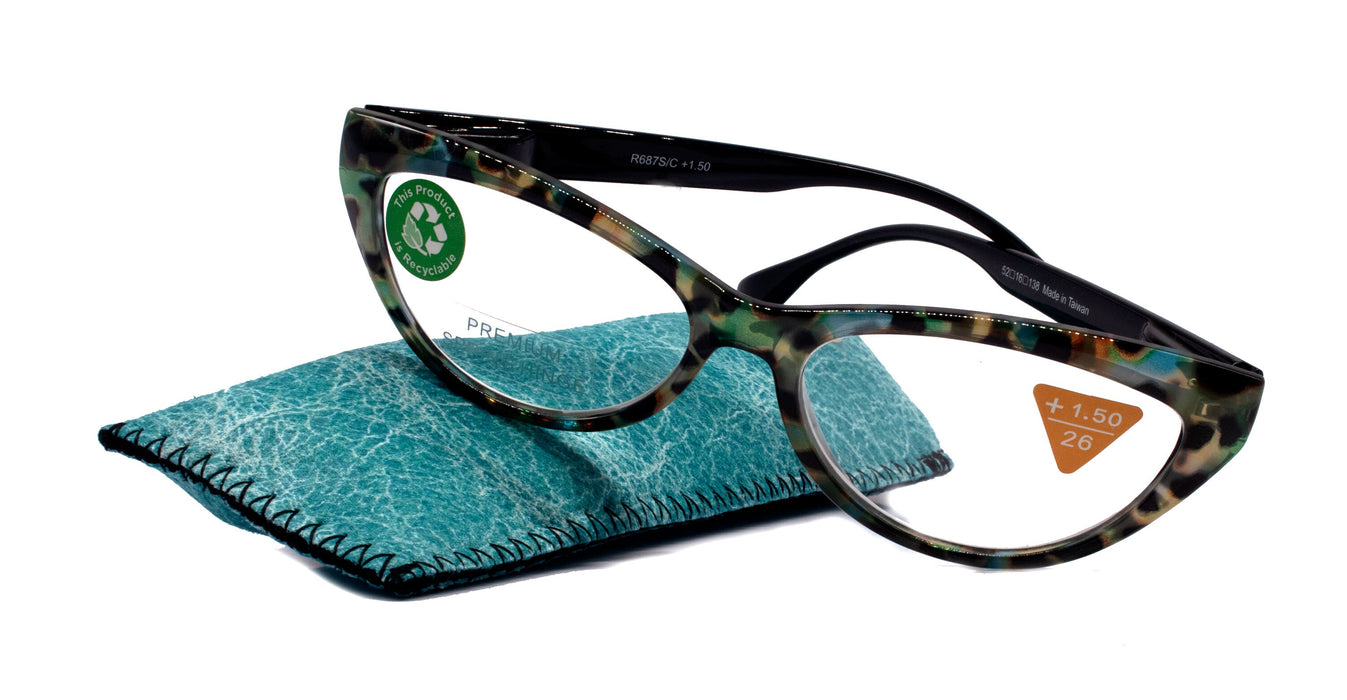 Lynx, (Premium) Reading Glass, High End Readers +1.25..+3 Magnifying, Cat Eye optical Frame, Tortoise Shell (Brown, Green) NY Fifth Avenue