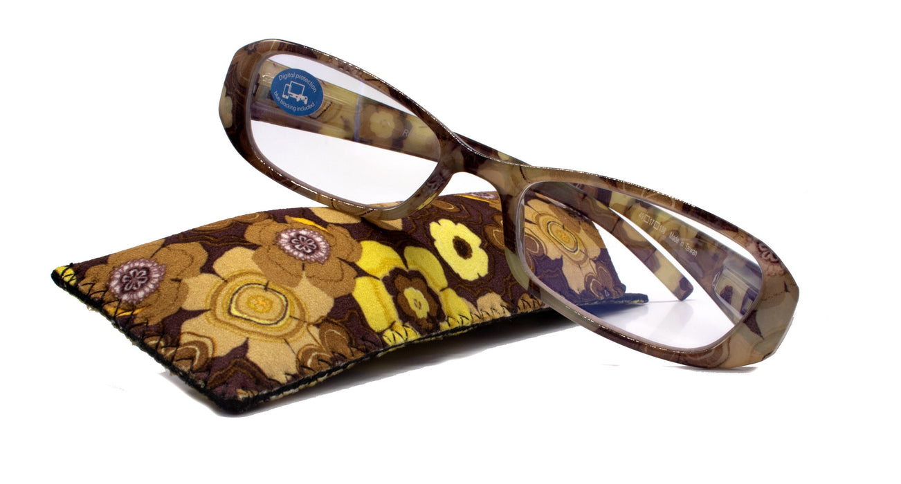 Blossom, (Blue Light Blocker) w AR Coating (ABrown Floral, Rectangular) Reading Glasses, No RX, Gamers NY Fifth Avenue