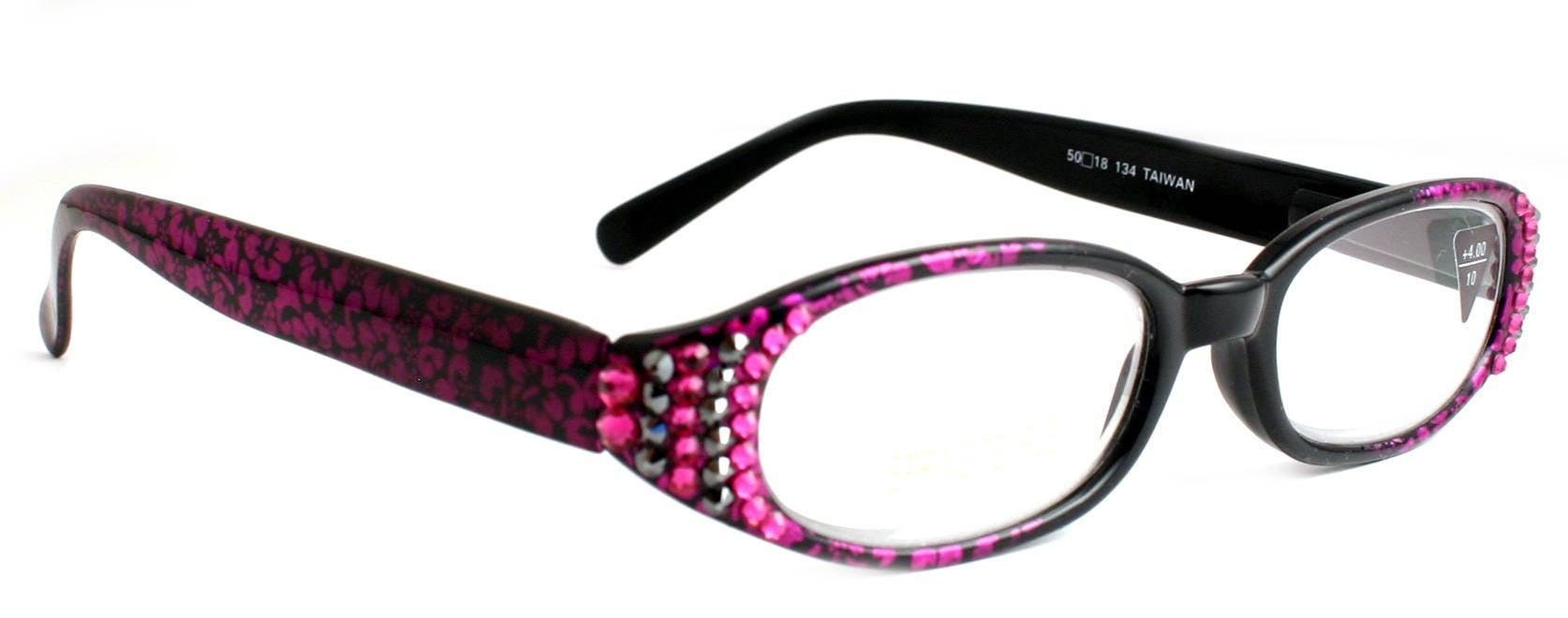 Isabella, (Bling) Reading Glasses Women W (Fuchsia, Hematite) Genuine European Crystals (Purple Floral Print) NY Fifth Avenue (Wide Frame)