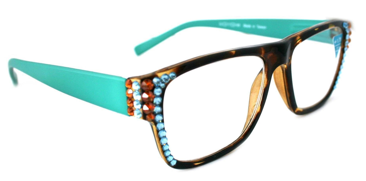 Brooklyn, (Bling) Reading Glasses for Women W (Aquamarine, Cooper) Genuine European Crystals.+1.25..+3Tortoise Brown Square. NY Fifth Avenue