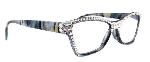 Avian, (Bling) Women Reading Glasses w (Full TOP) (Clear) Genuine European Crystals, Magnifying Cat Eye (Aqua Blue, Green) NY Fifth Avenue.