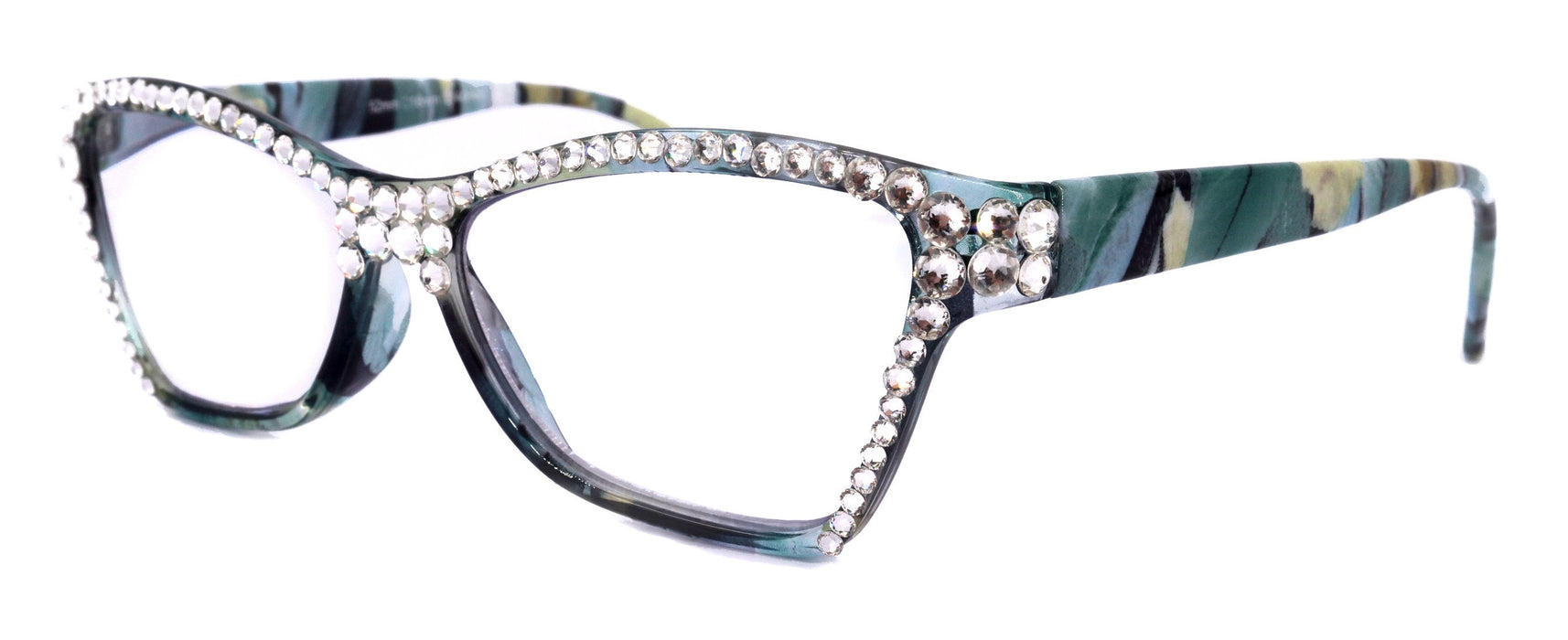 Avian, (Bling) Women Reading Glasses w (Full TOP) (Clear) Genuine European Crystals, Magnifying Cat Eye (Aqua Blue, Green) NY Fifth Avenue.