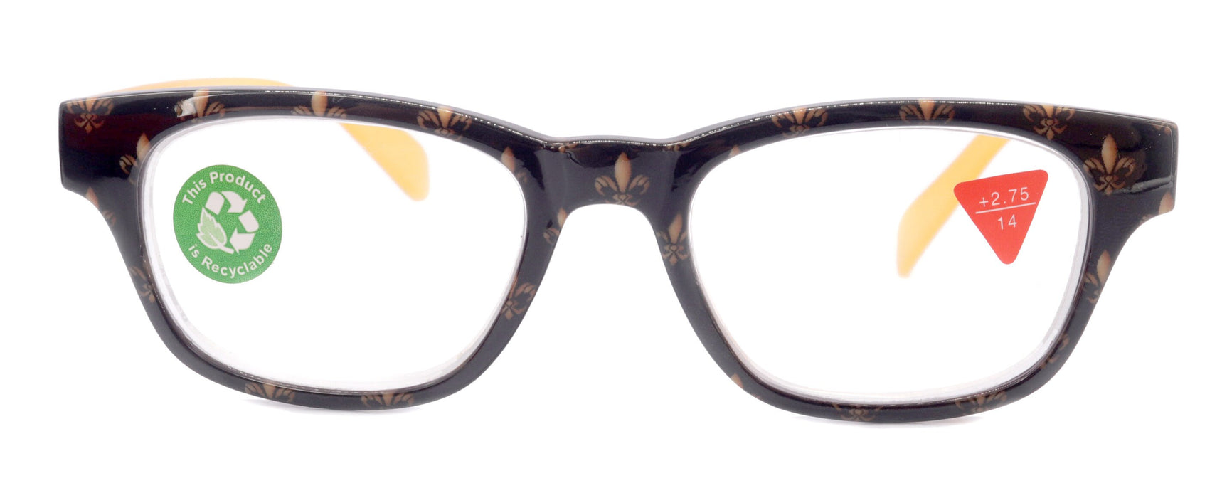 Lilly, (Premium) Reading Glasses (Fleur De Lis) +1 .. +3 Magnifying, Fashion Square Optical Frame. (Yellow, Gold, Black) NY Fifth Avenue.