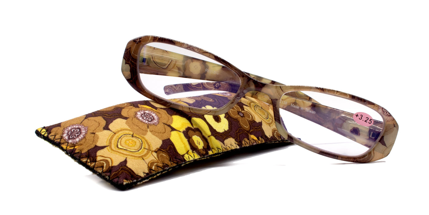 Blossom, (Premium) Reading Glasses, High End Readers, Flower print +1.50..+4 +4.50 +5 +6 (Brown) Floral Design, High Power. NY Fifth Avenue