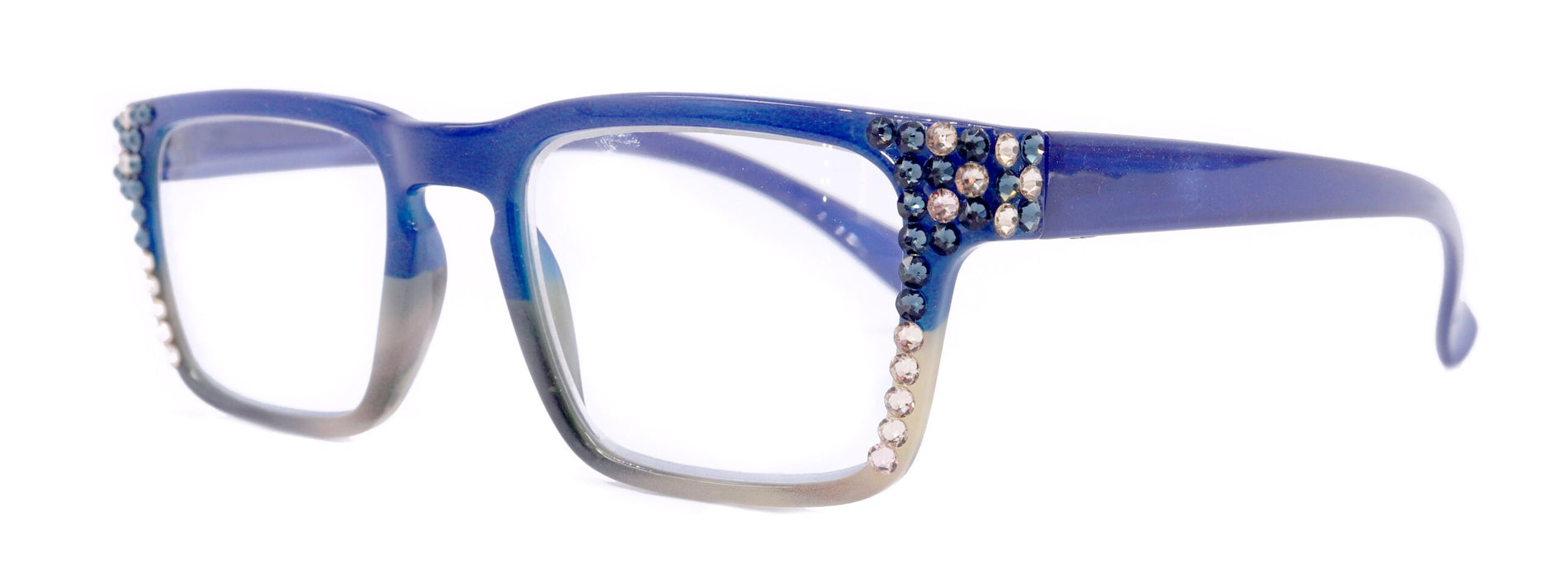 Piper, (Bling) ReadingGlasses for Women W (Montana, L. Colorado)Genuine European Crystals.(Square)(Blue Brown Faded Stripes) NY Fifth Avenue