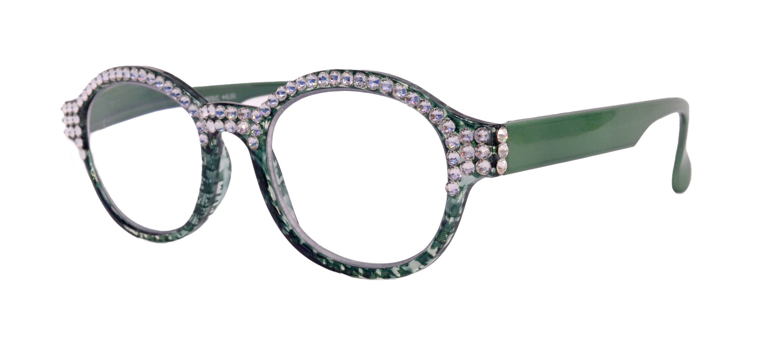 The Alchemist, (Bling) Round Women Reading Glasses W (Full TOP) (Clear) Genuine European Crystals (Hound tooth, Green) NY Fifth Avenue