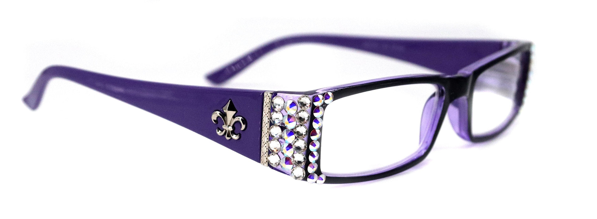 The French, (Bling) (Fleur De Lis) Women Reading Glasses W Genuine European Crystals +1 .. +3 (Purple) Frame, NY Fifth Avenue