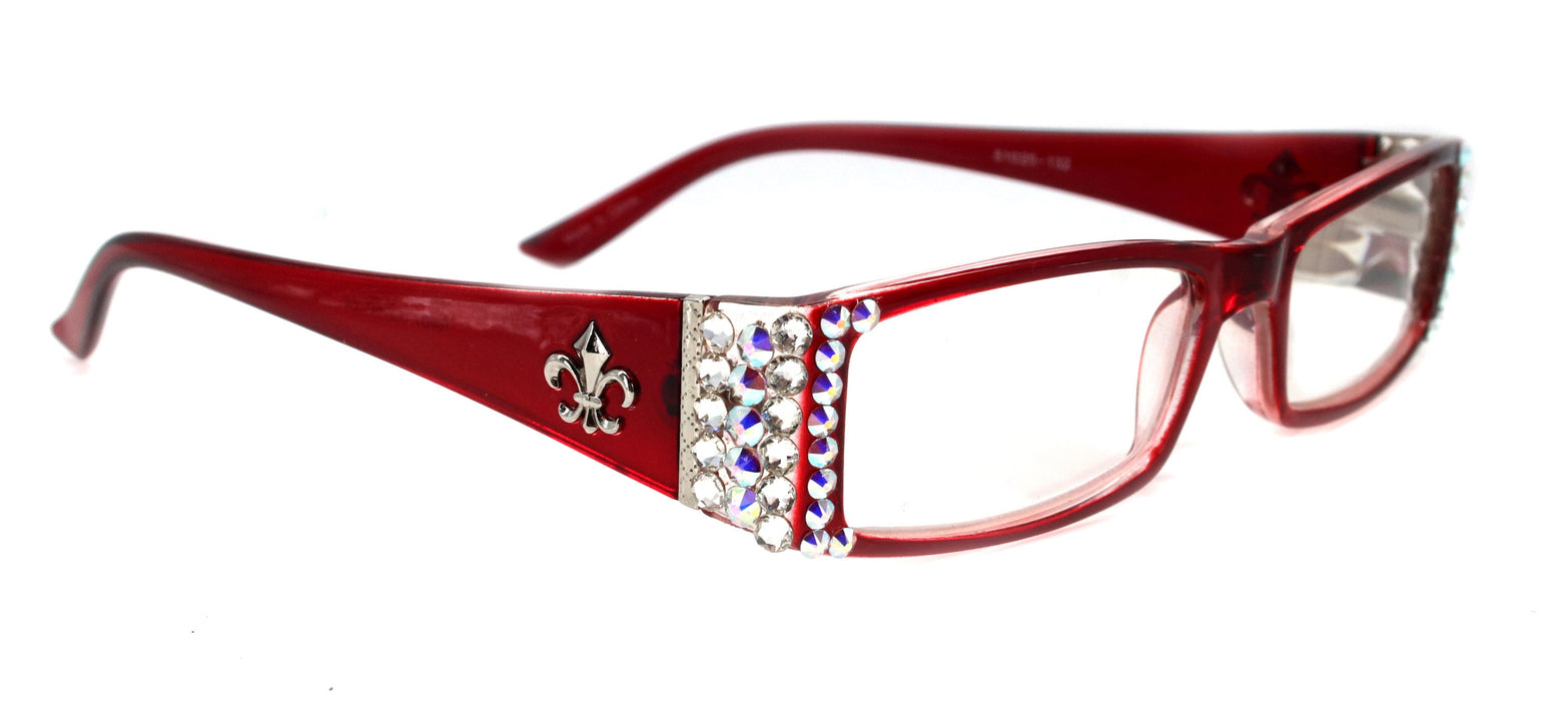 The French, (Bling) (Fleur De Lis) Women Reading Glasses W Genuine European Crystals (Aurora Borealis, Clear) (Red) Frame, NY Fifth Avenue