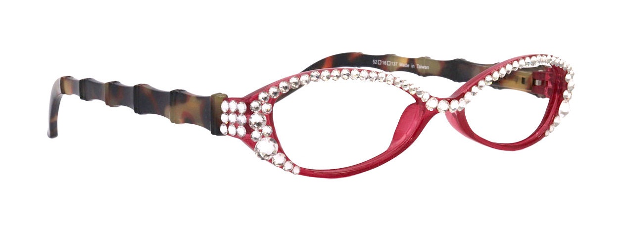 Lucky, Bling Reading Glasses, High End Readers +1.25 +1.50 +1.75 .. +3 Cat Eye. Bamboo Temple. (Red) Optical Frames NY Fifth Avenue.