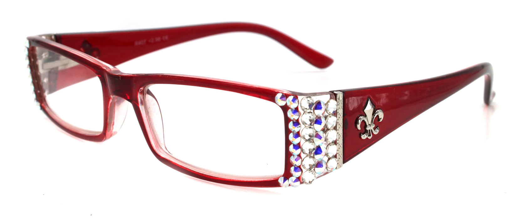 The French, (Bling) (Fleur De Lis) Women Reading Glasses W Genuine European Crystals (Aurora Borealis, Clear) (Red) Frame, NY Fifth Avenue