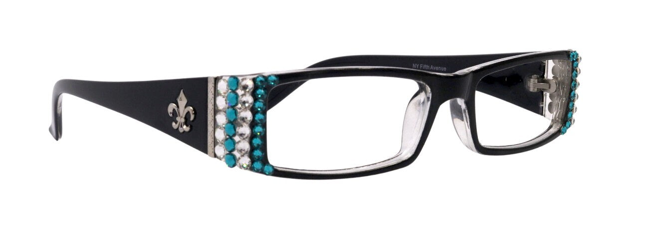 The French, (Bling) (Fleur De Lis) Women Reading Glasses W Genuine European Crystals (Turquoise, Clear) (Black) Frame, NY Fifth Avenue