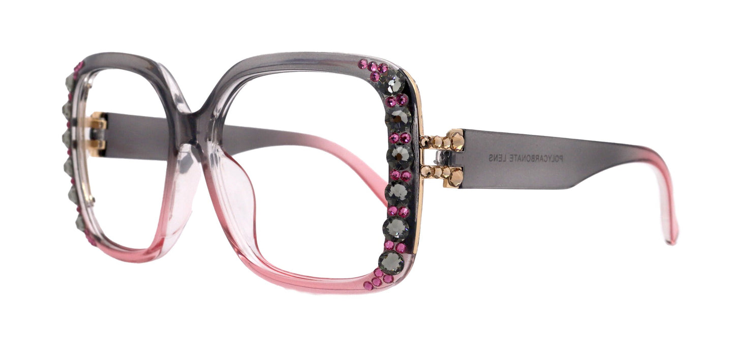 Bling Oversized Reading Glasses, Black Diamond W Rose European crystals , Large Frame, Bifocal, Sun readers, Trendy Style, NY Fifth Avenue