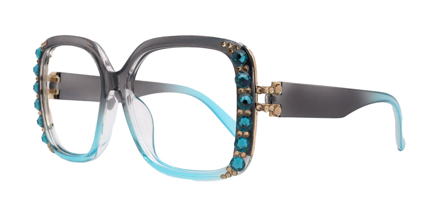 Bling Oversized Reading Glasses, Blue Zircon N Brown European crystals , Large Frame, Bifocal, Sun readers, Trendy Style, NY Fifth Avenue